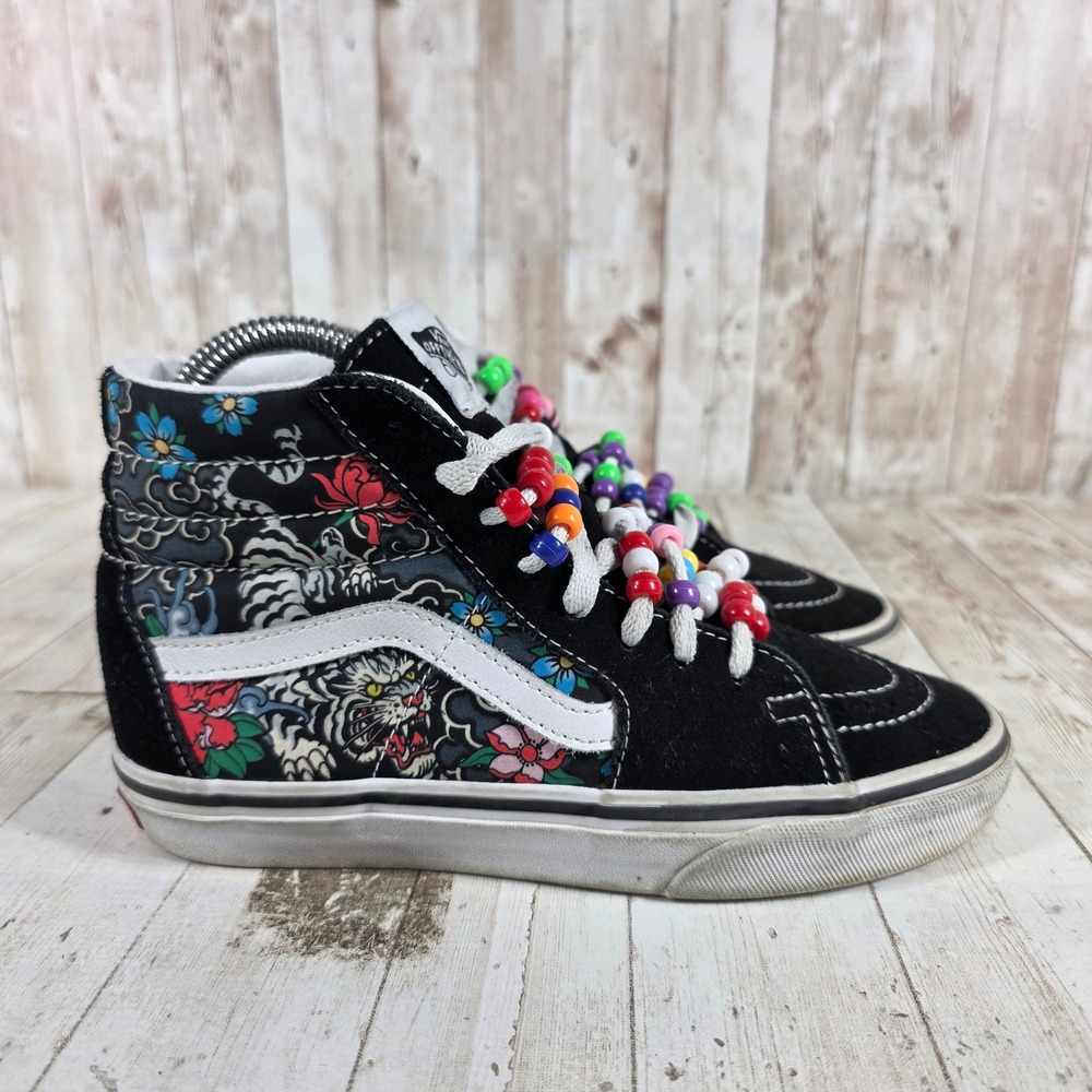 Vans Sk8-Hi Black Tattoo Tiger Floral Beaded High Top Sneakers Womens 6 Mens 4.5